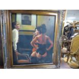 AN OIL ON CANVAS OF TWO WOMEN IN UNDERWEAR AND A MAN ALL SMOKING IN A BLACK AND GILT FRAME, IN A