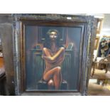 AN OIL ON CANVAS OF A NUDE WOMAN SEATED ON A CHAIR FACING THE ARTIST IN A GILT AND BLACK FRAME AND A