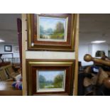 A PAIR OF GILT FRAMED OILS OF WOODED AND LAKESIDE LANDSCAPES, SIGNED TO THE LOWER RIGHT PETER