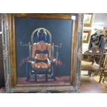AN OIL ON CANVAS OF A WOMAN IN UNDERWEAR AND HIGH HEELS SEATED ON A CHAIR WITH HER BACK TO THE