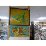 TWO FRAMED OIL STUDIES OF STILL LIFE ON CANVAS, ONE OF A CARAFE AND FRUIT, THE OTHER OF A