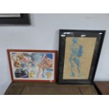 A FRAMED , GLAZED AND SIGNED MIXED MEDIA COMPOSITION DEDICATED TO MANEL ORTEGA, A BRIGHTON