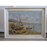 A FRAMED OIL ON CANVAS OF BOATS AMID A SEASCAPE INDISTINCTLY SIGNED TO THE LOWER RIGHT 'PIULUK?',