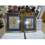 TWO LARGE EMBROIDERY PICTURES GLAZED AND IN GILT FRAMES, ONE OF DAFFODILS IN A VASE AND ONE OF A