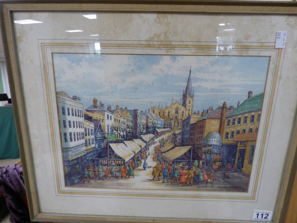 GEORGE WILLOTT (1900-2000), A FRAMED AND GLAZED GOUACHE OF A MARKET TOWN HIGH STREET SIGNED GEORGE