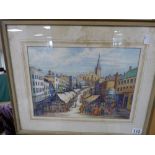 GEORGE WILLOTT (1900-2000), A FRAMED AND GLAZED GOUACHE OF A MARKET TOWN HIGH STREET SIGNED GEORGE