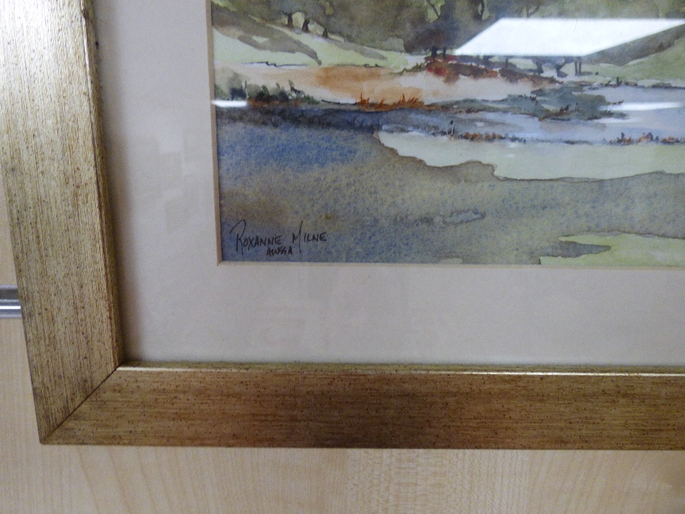 ROXANNE MILNE, A FRAMED AND GLAZED WATERCOLOUR OF A COUNTRY LANDSCAPE WITH COWS SIGNED, 40CM BY - Image 2 of 2