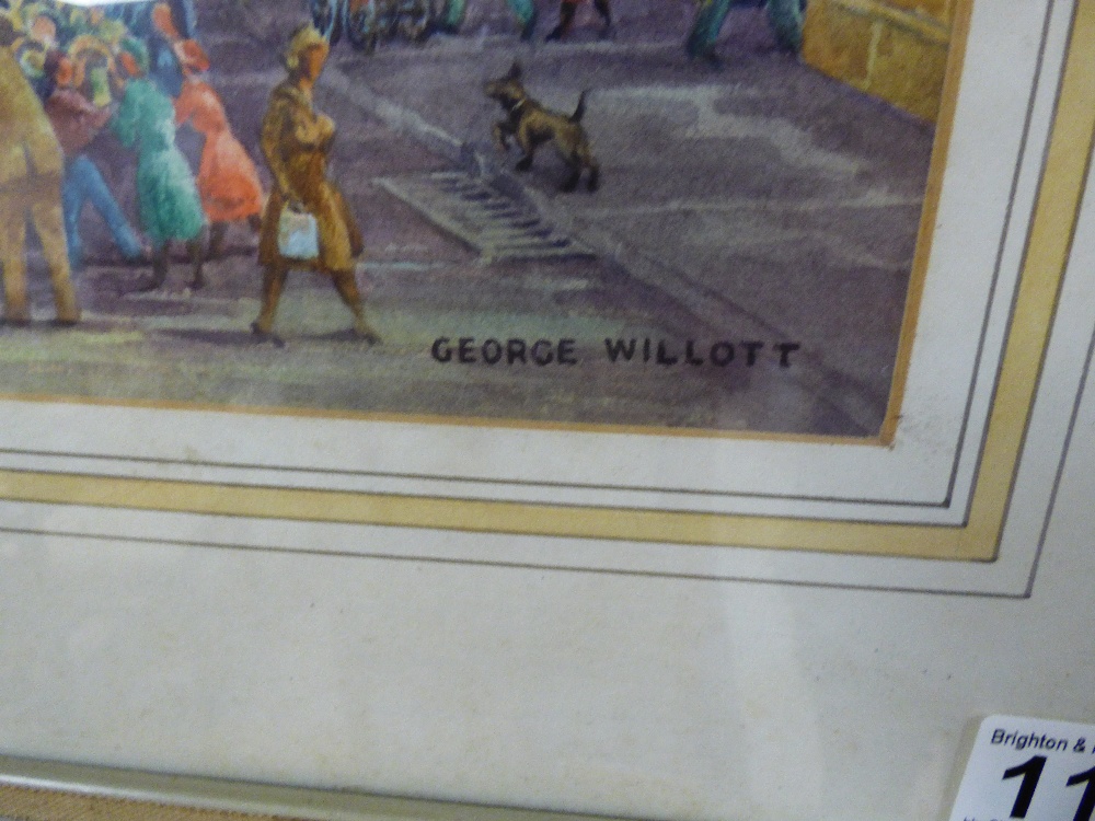 GEORGE WILLOTT (1900-2000), A FRAMED AND GLAZED GOUACHE OF A MARKET TOWN HIGH STREET SIGNED GEORGE - Image 2 of 3