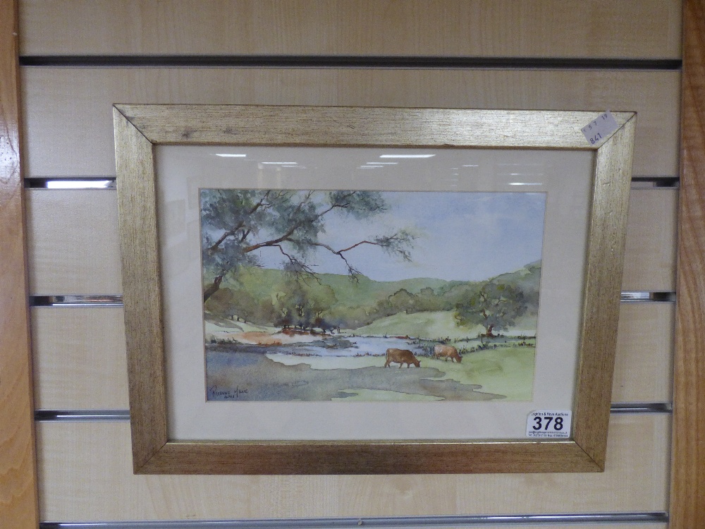 ROXANNE MILNE, A FRAMED AND GLAZED WATERCOLOUR OF A COUNTRY LANDSCAPE WITH COWS SIGNED, 40CM BY