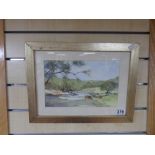 ROXANNE MILNE, A FRAMED AND GLAZED WATERCOLOUR OF A COUNTRY LANDSCAPE WITH COWS SIGNED, 40CM BY
