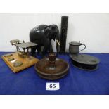 ASSORTED COLLECTABLES, INCLUDING POSTAL SCALES, CARVED EBONY FIGURE OF AN ELEPHANT WITH BONE