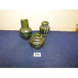 THREE LOETZ STYLE ART NOUVEAU IRIDESCENT GLASS VASES. LARGEST 14CMS