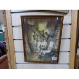 A FRAMED AND GLAZED WATERCOLOUR OF A MEDIEVAL STREET SCENE UNSIGNED, 26CM BY 34CM