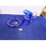 VINTAGE BOHEMIAN COBALT BLUE AND CLEAR CUT GLASS PITCHER WITH BOWL