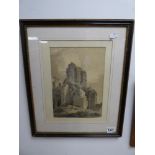 A FRAMED AND GLAZED PRINT OF AN ABBEY RUIN AND SHEPHERD BOY, 40CM BY 47CM