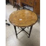 VICTORIAN WALNUT ROUND TABLE WITH INLAY AND CERAMIC CASTORS