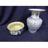 A CHINESE BLUE AND WHITE CERAMIC VASE OF BALUSTER FORM WITH FLAT RIM, TOGETHER WITH A CHINESE BLUE