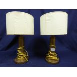 TWO VINTAGE HEAVY BRASS COLUMN TABLE LAMPS WITH BRASS ON/OFF PULLS AND CREAM SHADES, 36CM TALL
