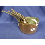 A GRADUATED SET OF SEVEN COPPER AND BRASS SAUCEPANS, LARGEST 45CM LONG INCLUDING HANDLE