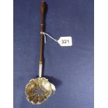 A GEORGE II SILVER TODDY LADLE WITH EMBOSSED FLORAL DECORATION TO THE BOWL, WOODEN HANDLE,