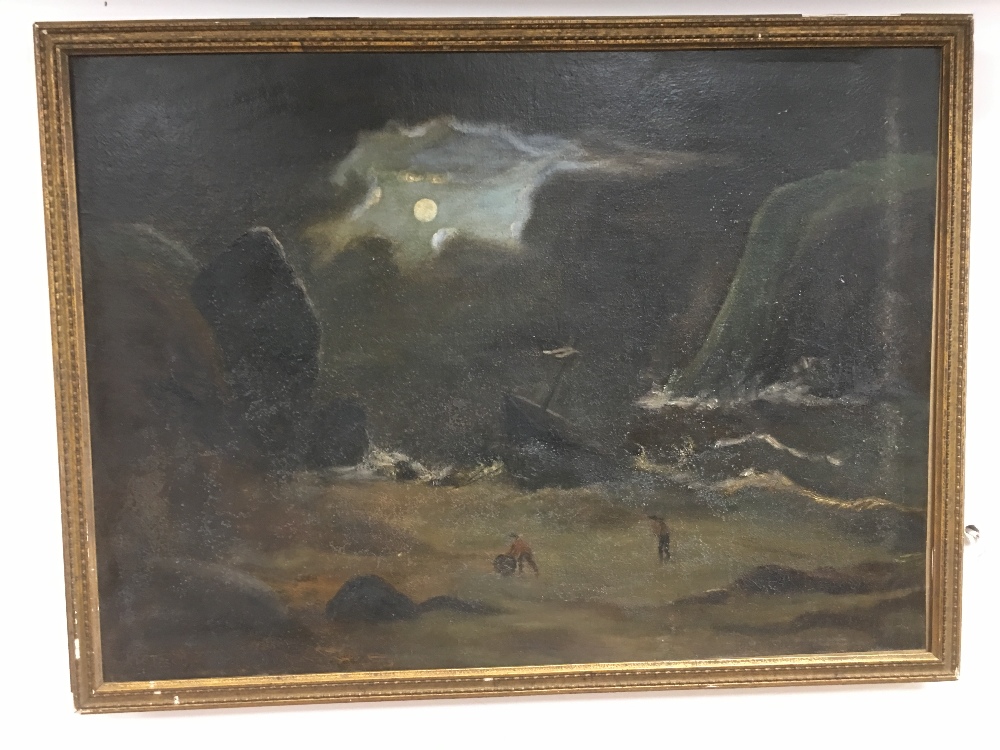 ELE TESSON A FRAMED OIL ON CANVAS OF A SHIP WRECKED AND SMUGGLERS AT NIGHT SIGNED TO THE LOWER