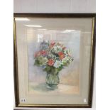 M MEYER A FRAMED AND GLAZED WATERCOLOUR OF STILL LIFE FLOWERS IN A VASE SIGNED M MEYER, 56CM BY