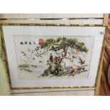 A FRAMED AND GLAZED ORIENTAL JAPANESE CHINESE EMBROIDERY OF ROOSTER AND OTHER BIRDS, 72 X 52 CMS