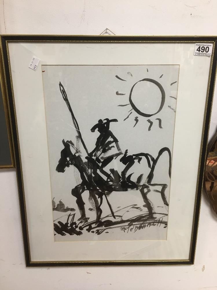 THOMAS O'DONNELL (1944 - ) A FRAMED AND GLAZED MONOCHROME WASH OF A SOLDIER ON HORSE WITH A SPEAR