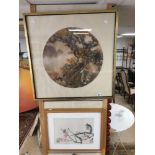 A FRAMED AND GLAZED CHINESE CIRCULAR WATERCOLOUR OF TREE BLOSSOM AND BOATS 64CM BY 64CM TOGETHER