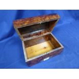 A BURR WALNUT DOME TOP BOX HINGES A/F CURRENTLY SECURED WITH TAPE, 24CM WIDE BY 19CM HIGH