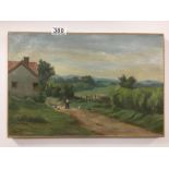 AN UNFRAMED OIL ON CANVAS OF A COUNTRY SCENE WITH MAN AND CHICKENS SIGNED FORESTIER '48 TO THE LOWER