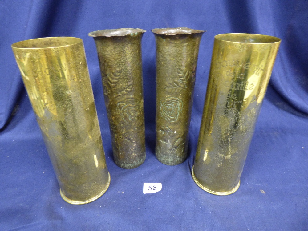 TWO PAIRS OF BRASS TRENCH ART SHELL CASE VASES, ONE WITH FRENCH ENGRAVING TO FRONT AND DATED 1944,