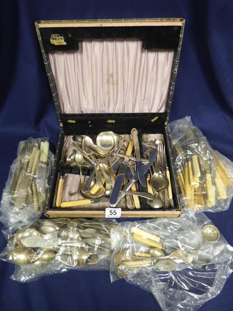 LARGE BOX OF ASSORTED PLATED FLATWARE AND CUTLERY