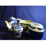 19TH CENTURY CHINESE BLUE AND WHITE PORCELAIN TWO HANDLED CUP, CANTON CUP AND THREE OTHER ITEMS