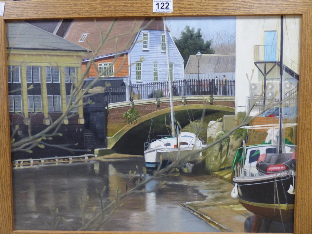 THOMAS O'DONNELL (1944 - ) A FRAMED OIL ON BOARD OF MOORED BOATS BY A BRIDGE POSSIBLY LEWES, SUSSEX, - Image 2 of 2