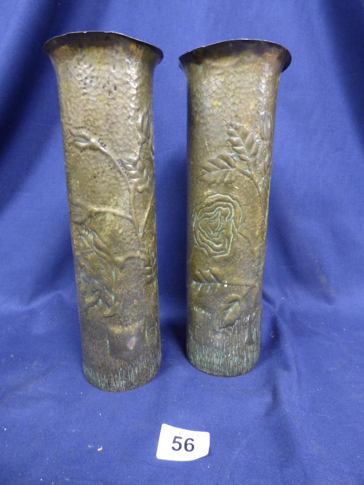 TWO PAIRS OF BRASS TRENCH ART SHELL CASE VASES, ONE WITH FRENCH ENGRAVING TO FRONT AND DATED 1944, - Image 2 of 3