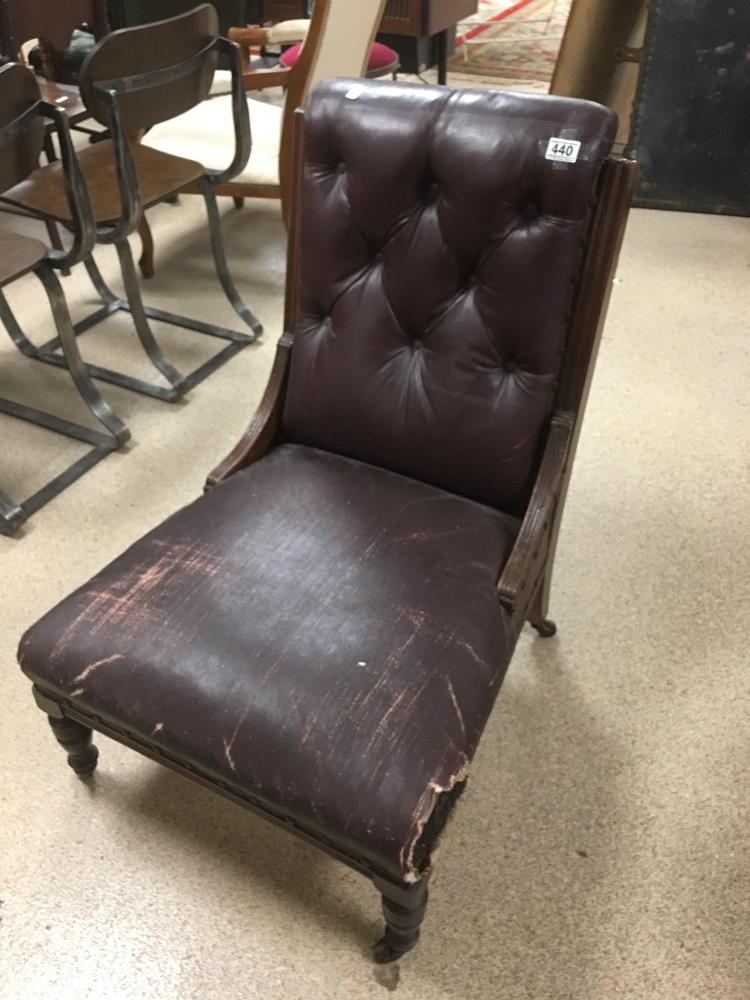 EDWARDIAN BROWN LEATHER BUTTON BACK CHAIR ON ORIGINAL CASTORS