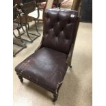 EDWARDIAN BROWN LEATHER BUTTON BACK CHAIR ON ORIGINAL CASTORS