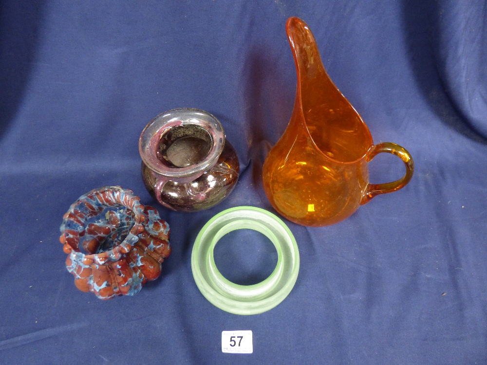 FOUR PIECES OF COLOUR ART GLASS, INCLUDING ORANGE POURING JUG, POT OF CIRCULAR FORM SIGNED TO