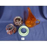 FOUR PIECES OF COLOUR ART GLASS, INCLUDING ORANGE POURING JUG, POT OF CIRCULAR FORM SIGNED TO