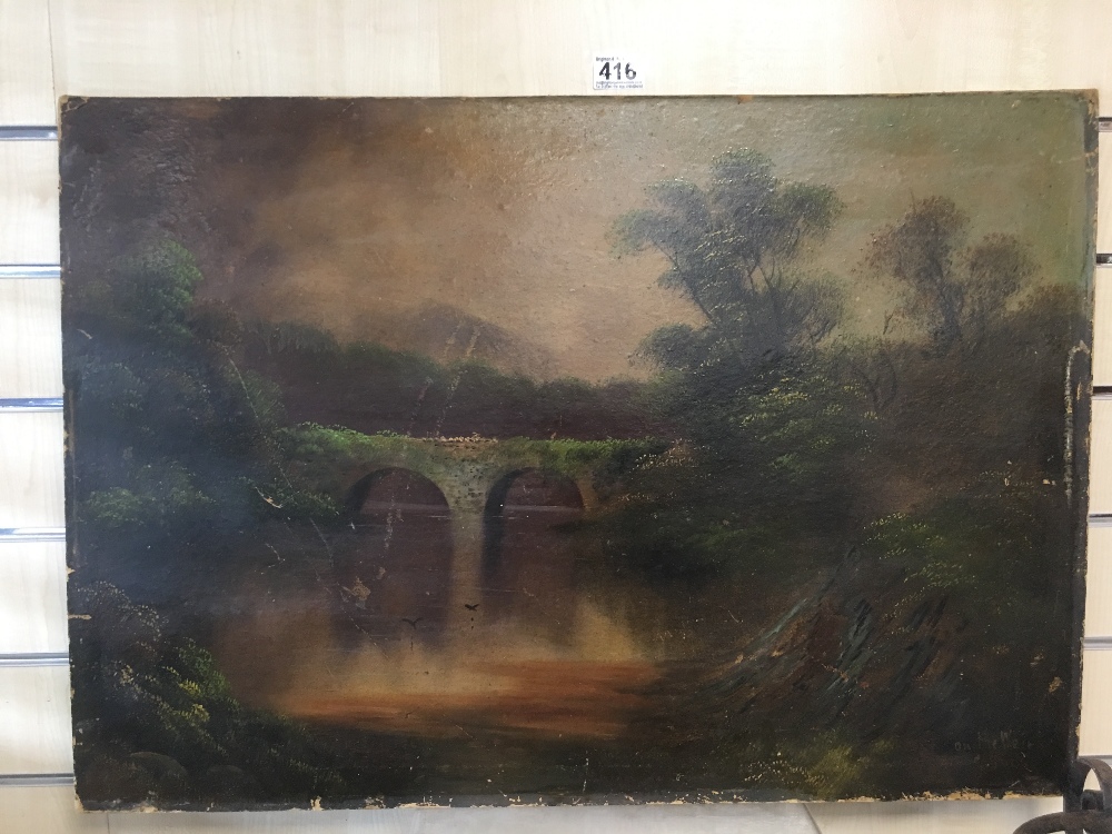 AN UNFRAMED OIL ON BOARD ENTITLED "ON THE WEIR" AND INDISTINCTLY SIGNED C BIRD, 57CM BY 76CM