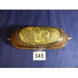 AN ORIENTAL WOODEN SPECTACLES CASE OF DOME FORM WITH BONE INLAY TO THE LID, ENGRAVED DECORATION TO