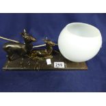 AN ART DECO STYLE TABLE LAMP, MARBLE BASE WITH TWO SPELTER FIGURES OF DEER, 32CM WIDE