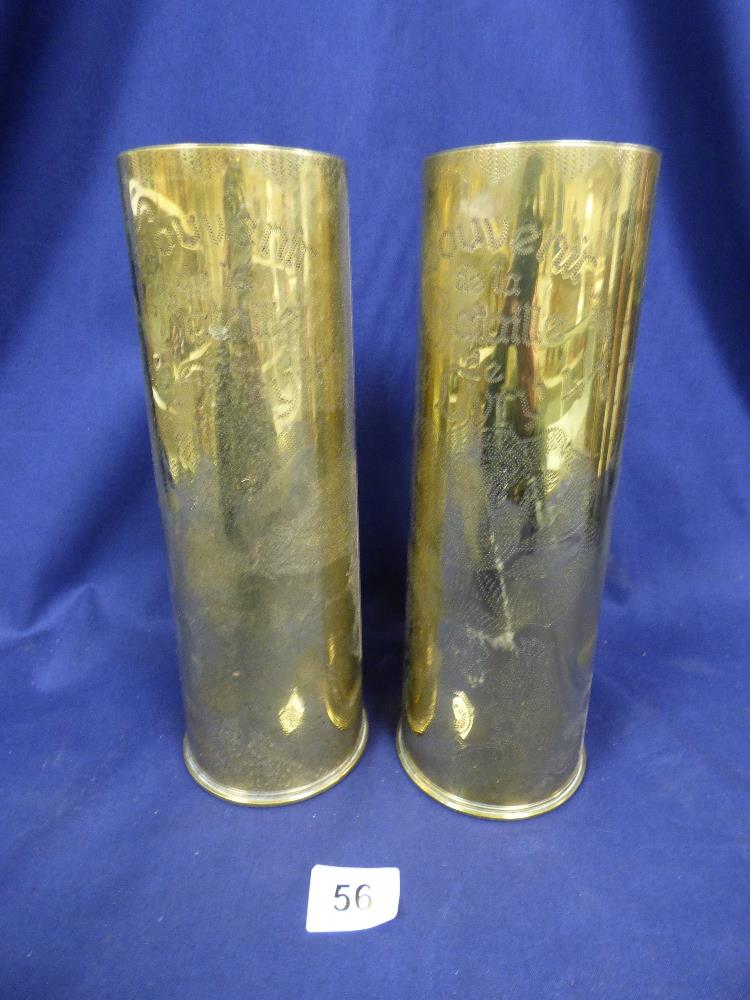 TWO PAIRS OF BRASS TRENCH ART SHELL CASE VASES, ONE WITH FRENCH ENGRAVING TO FRONT AND DATED 1944, - Image 3 of 3
