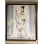 A LARGE FRAMED ORIENTAL JAPANESE CHINESE WATERCOLOUR OF A WOMAN WITH SIGNATURE TO LOWER RIGHT AND