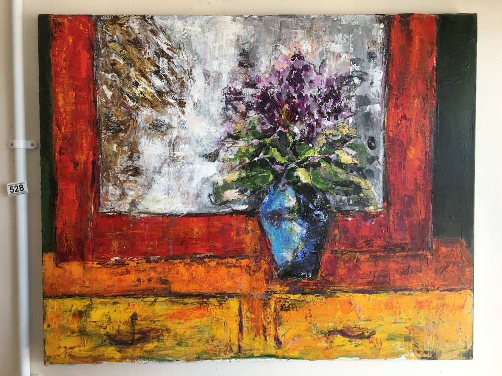A POST IMPRESSIONIST UNFRAMED OIL ON CANVAS OF STILL LIFE PURPLE FLOWERS IN A VASE UNSIGNED 81 X