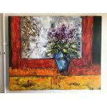 A POST IMPRESSIONIST UNFRAMED OIL ON CANVAS OF STILL LIFE PURPLE FLOWERS IN A VASE UNSIGNED 81 X