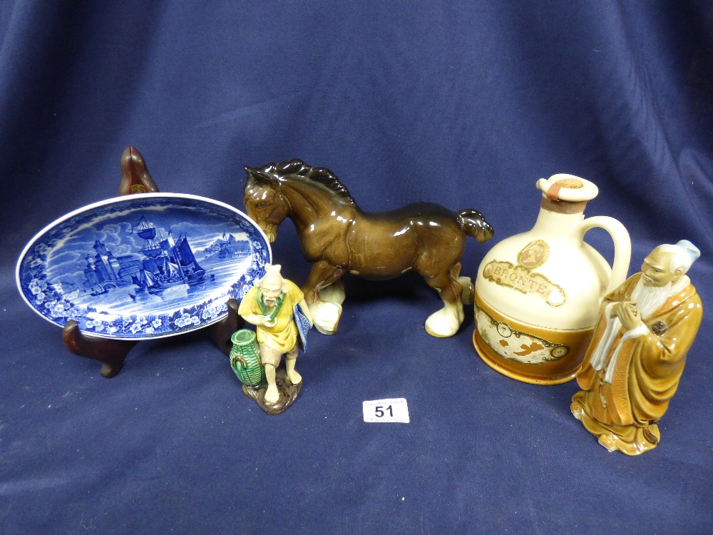 MIXED CHINA ITEMS INCLUDING TWO ORIENTAL FIGURES AND WEDGWOOD ETRURIA ENGLAND SIDE DISH