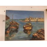 AN UNFRAMED OIL ON CANVAS OF BOATS IN A HARBOUR ENTITLED "ANTIBES LA VIEUX PORT" AND SIGNED P
