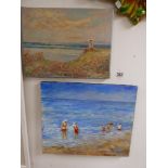 AN UNFRAMED OIL ON CANVAS OF A BEACH SEASIDE SCENE AND CHILDREN PLAYING SIGNED MJ FEREY, 38CM BY